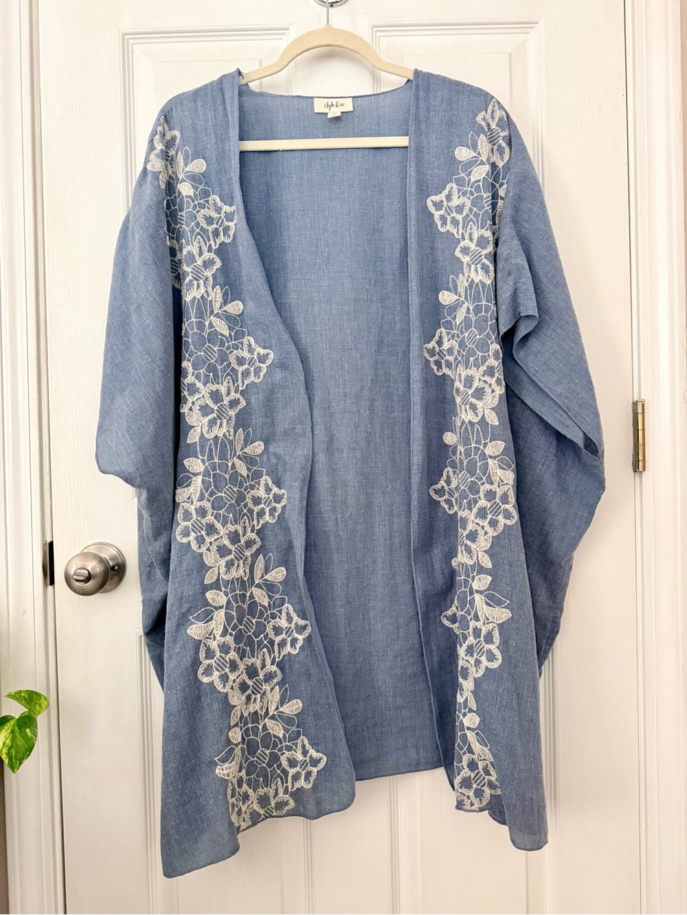 Style & Co Blue Embroidered Cotton Blend Open Front Kimono Cover Up Size XXL